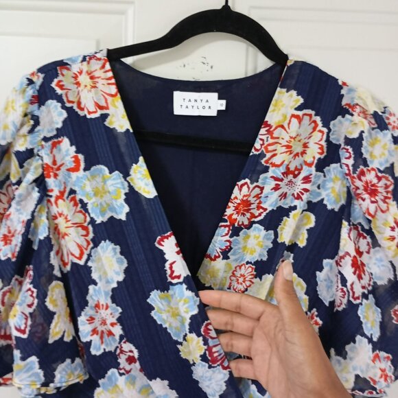 Tanya Taylor Floral Wrap Dress Navy Blue Multicolor Short Sleeve Size 10 Womens - Picture 3 of 11